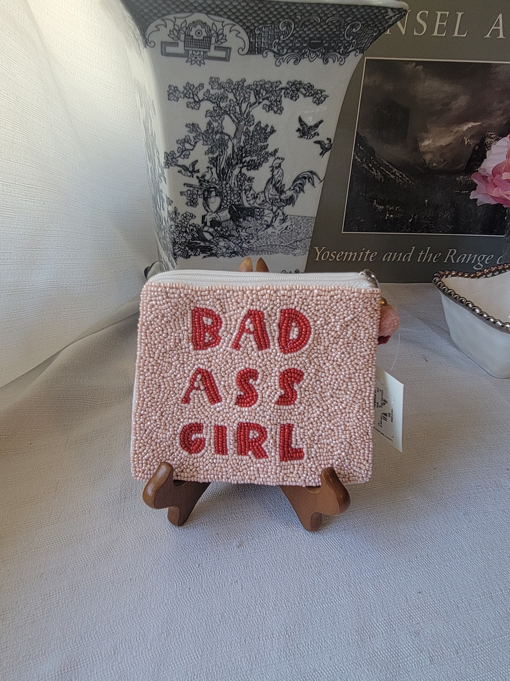 Beaded 'Bad Ass Girl' Pink Coin Pouch